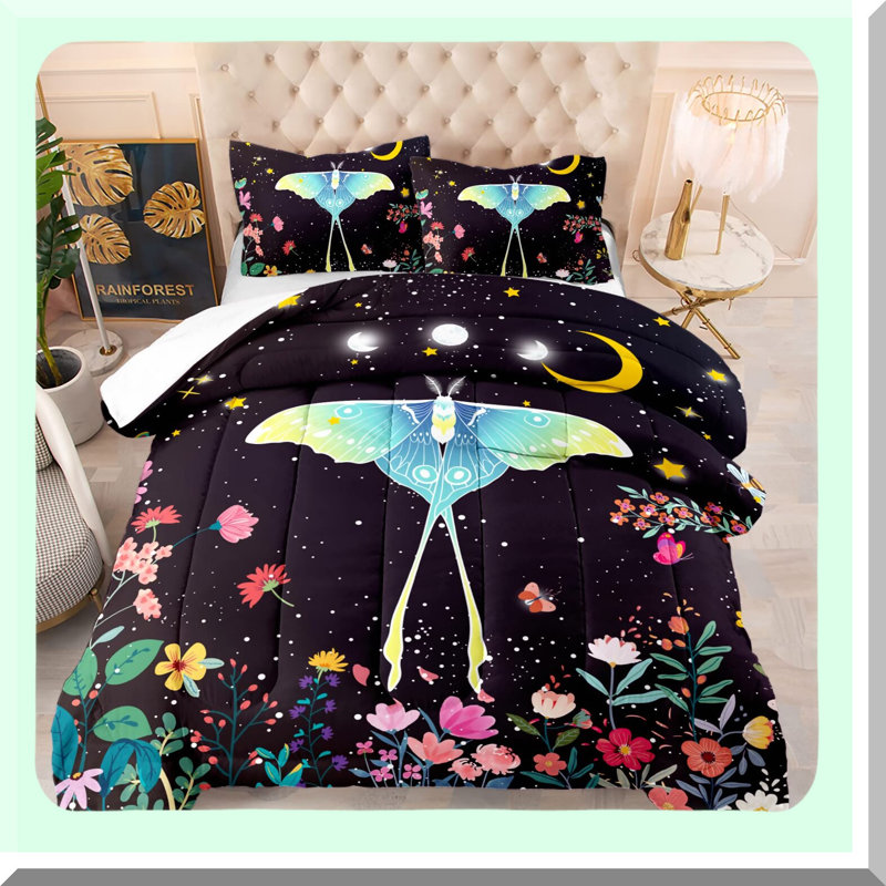 Celestial Nightfall Comforter Set - Gothic Death Moth & Flowers Pattern Bedding - 3 Piece Quilt & Pillowcase Set - Soft, Breathable Sleep Essentials