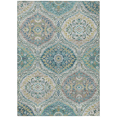 Machine Washable Indoor/Outdoor Xhevrie Teal Rug