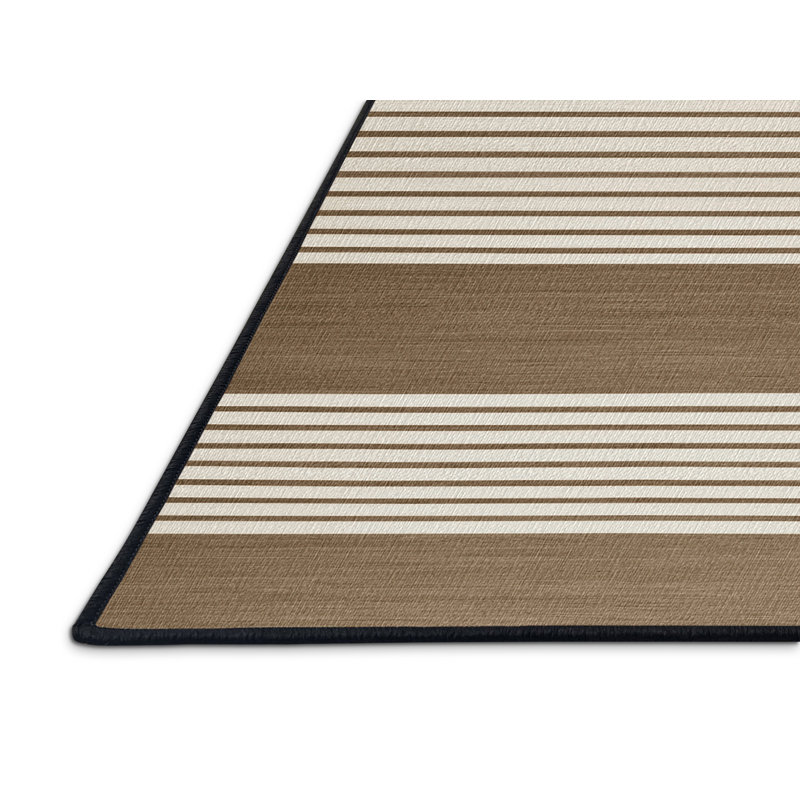 Washable Khaki White Striped Area Rug, Round 3'