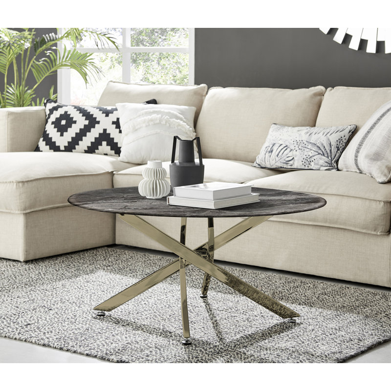 Cesarino Marble Effect Round Coffee Table - Glass Topped Metal Leg Centre Table, Gray, Gold