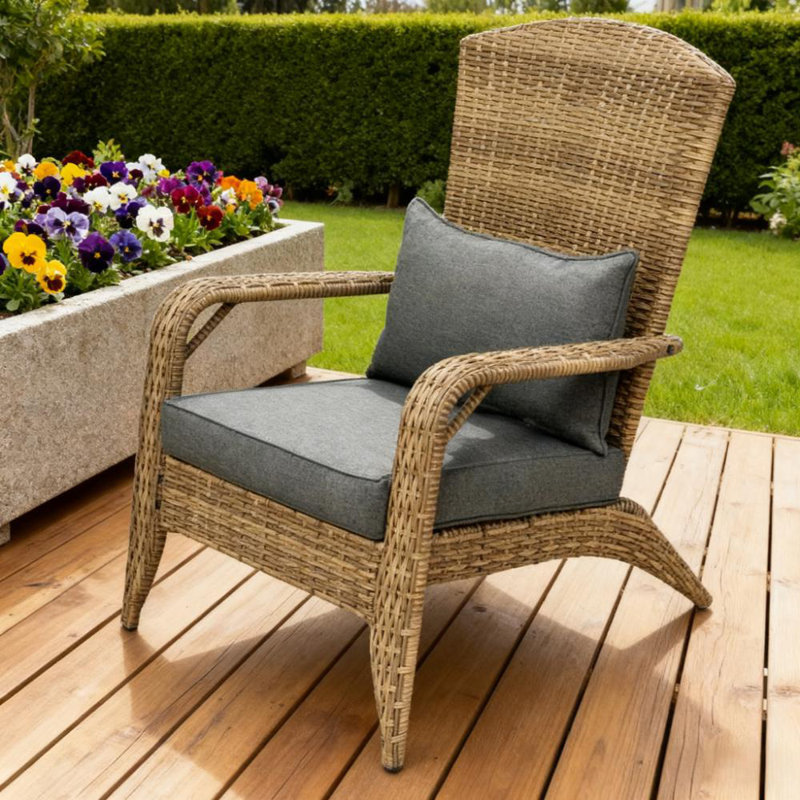 Patio Chair with Rattan Wicker, Soft Cushions, Tall Curved Backrest for Yard & Garden, Gray Cushion/Natural Frame