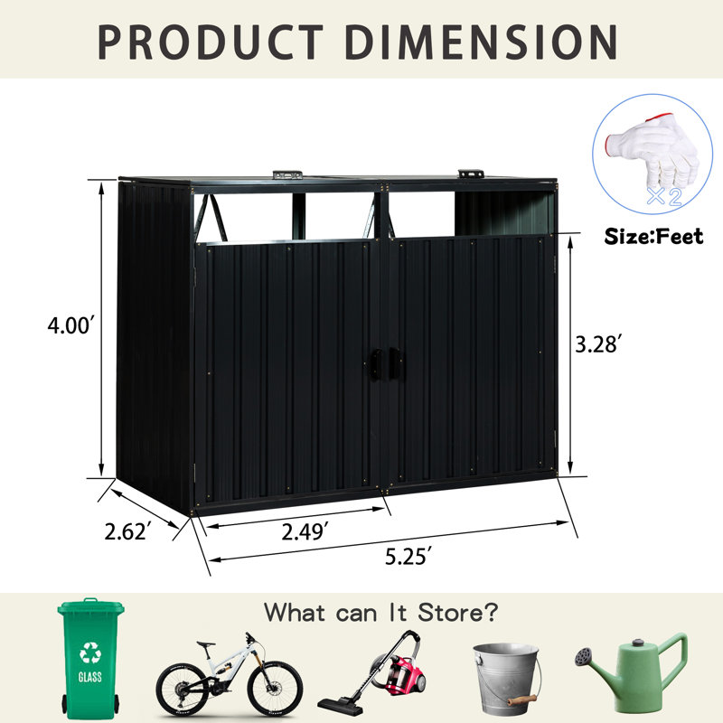Iron Garbage Storage Shed For Yard - 2 Can Capacity, 48.94 In Height, Ventilated, Easy Assembly Outdoor Bin With Spring Lid Charcoal, 61.15 Depth, , Scratch-