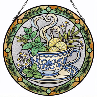Tea Cup Stained Glass Window Panel，12"H