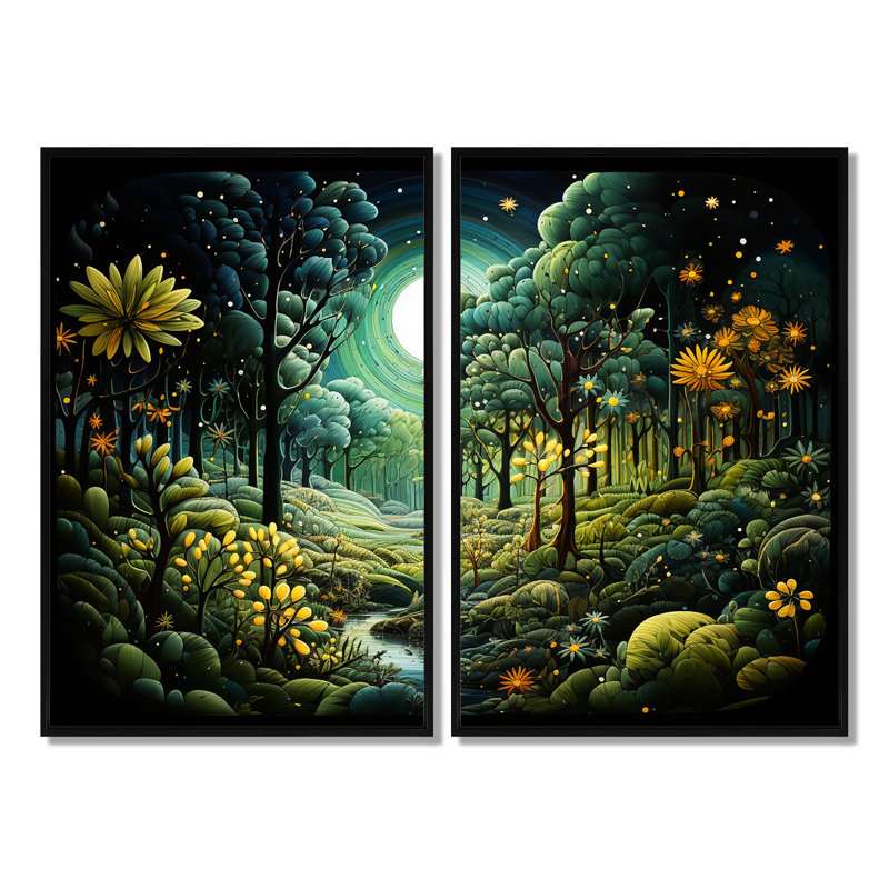 Forêt, forêt enchantée, pointillisme II, ensemble d'art mural forêt, 36" H x 48" W, Impression encadrée flottante, Black