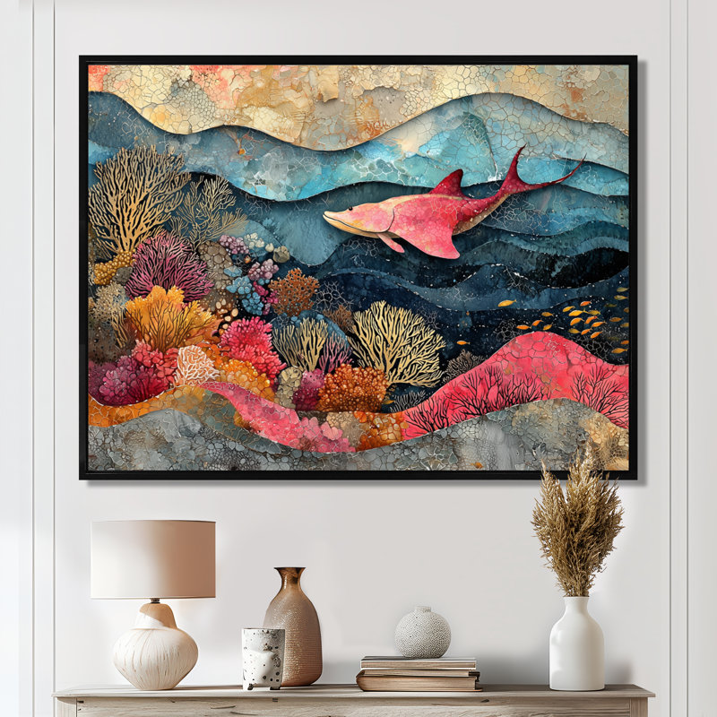 Aurel, Stingray abstrait dans un aquarium, collages colorés III - Stingray, art mural, H 16 po x l 32 po, Cadre flottant