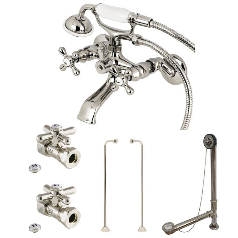 Kingston Brass Vintage Two-Handle 2-Hole Tub Wall Mount Clawfoot Tub Faucet Package with Supply Line, Hand Shower and Tub Drain