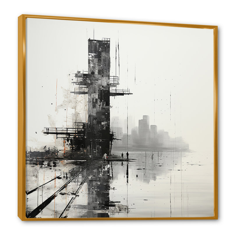 Minimalisme noir et blanc, paysage de jetée I sur toile, H 24 po x l 24 po x P 1 po, Cadre flottant doré