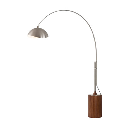 Lampe à arc 1 lumière H 92 po Tambo, nickel satiné / abat-jour Luna Bella blanc, base noyer foncé, nickel satiné, à intensité variable, pour le salon ou la chambre à coucher