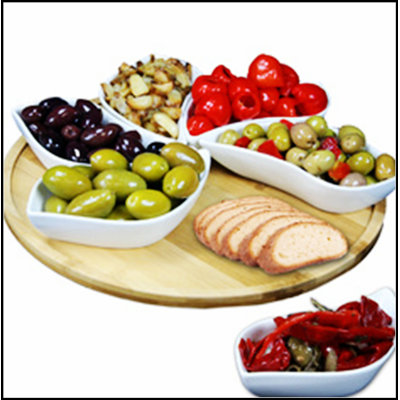 Elama Signature Modern 7pc Lazy Susan Appetizer Set with 6 Unique Design Dishes and Bamboo Tray, Perfect for Entertaining and Elegant Dining.