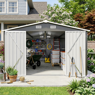 Remise de rangement extérieure en métal 10 pi x 14 pi, remise à outils utilitaire avec 3 portes verrouillables, toit incliné et évents pour la cour, le patio et la pelouse