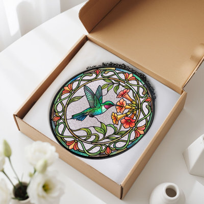 Hummingbird Floral Stained Glass Window Panel，12"H