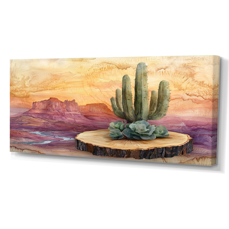 Cactus du désert sur un plateau en bois I - Cactus Wall Art, H 28 po x l 60 po, Toile tendue, Ne s’applique pas