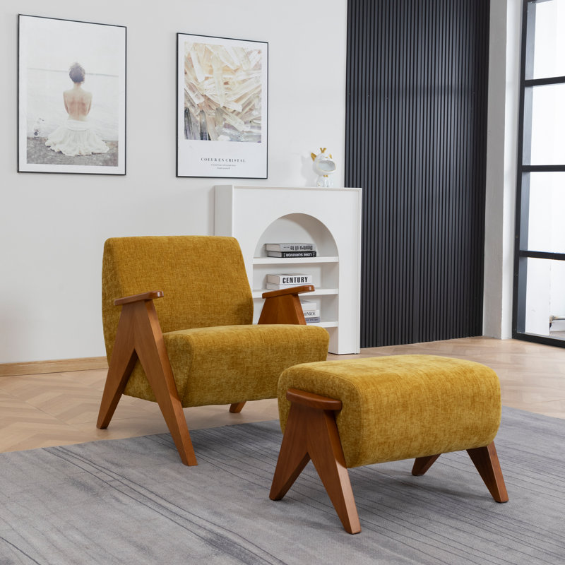 Upholstered Armchair with Footstool, Yellow, 1