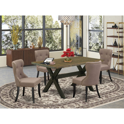 L'ensemble de table de cuisine 5 pièces pour 4 personnes comprend une table de salle à manger rectangulaire avec pieds en X et 4 chaises rembourrées en tissu de lin, finition noire brossée