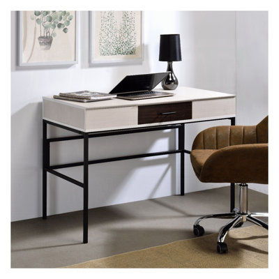 Bureau d'écriture industriel naturel et noir avec port USB intégré et tiroir de rangement