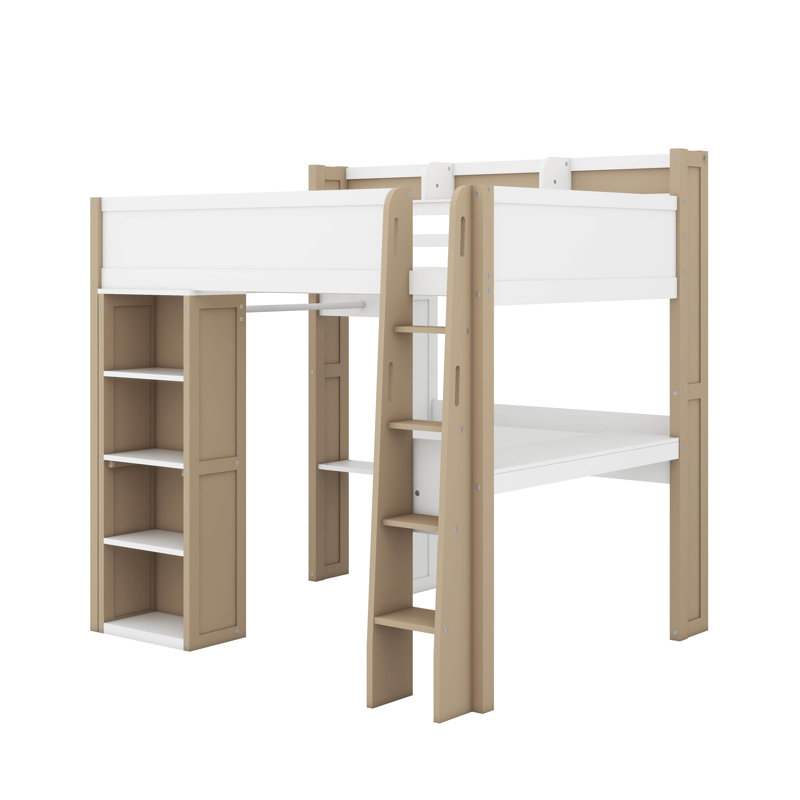 Lit mezzanine en bois pleine grandeur avec tablettes, portemanteaux et bureau, Blanc / Naturel