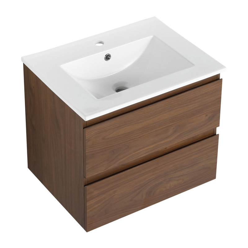 Meuble-lavabo mural 24 po avec lavabo en céramique, 2 tiroirs à fermeture en douceur 24 po, Chêne brun