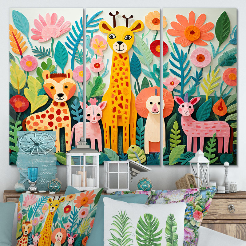 «Colorful Cute Animal Nursery I», art mural de chambre de bébé, H 32 po x l 48 po