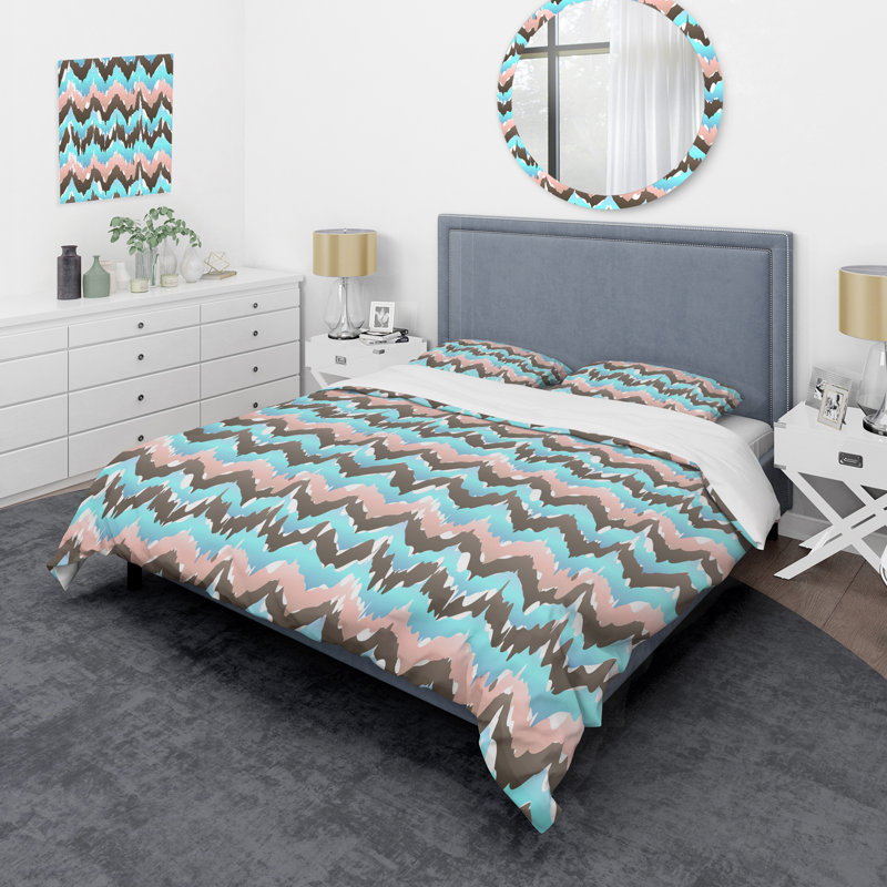 Ensemble de housse de couette à motif ikat Ogee brun et bleu, Housse de couette pour très grand lit et 2 très
