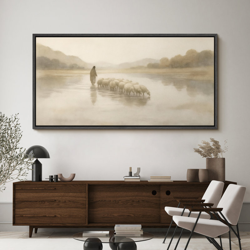 Grande impression sur toile encadrée, "Jesus and Sheeps Print for Faith", décoration murale, Noir, H 30 po x l 60 po