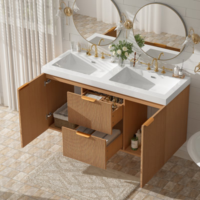 Meuble-lavabo mural de 47,24 pouces avec lavabo double SMC, portes à fermeture en douceur, tiroirs divisés et rangement flottant moderne.