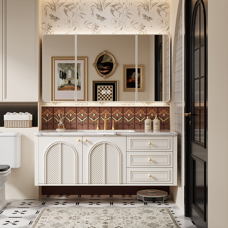 Retro French style bathroom cabinet, 19.69" H x 47.24" W x 19.69" D, White