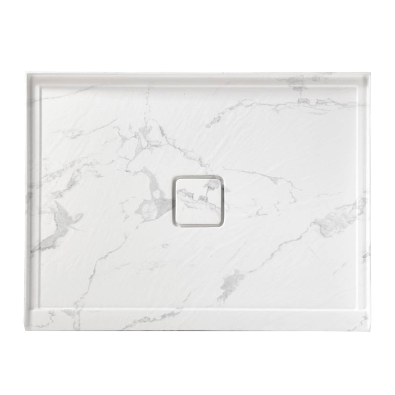 60 In. L X 36 In. W Rectangle White Marble Pattern Alcove Acrylic Bathroom Shower Pan Base With Center Hand Drain