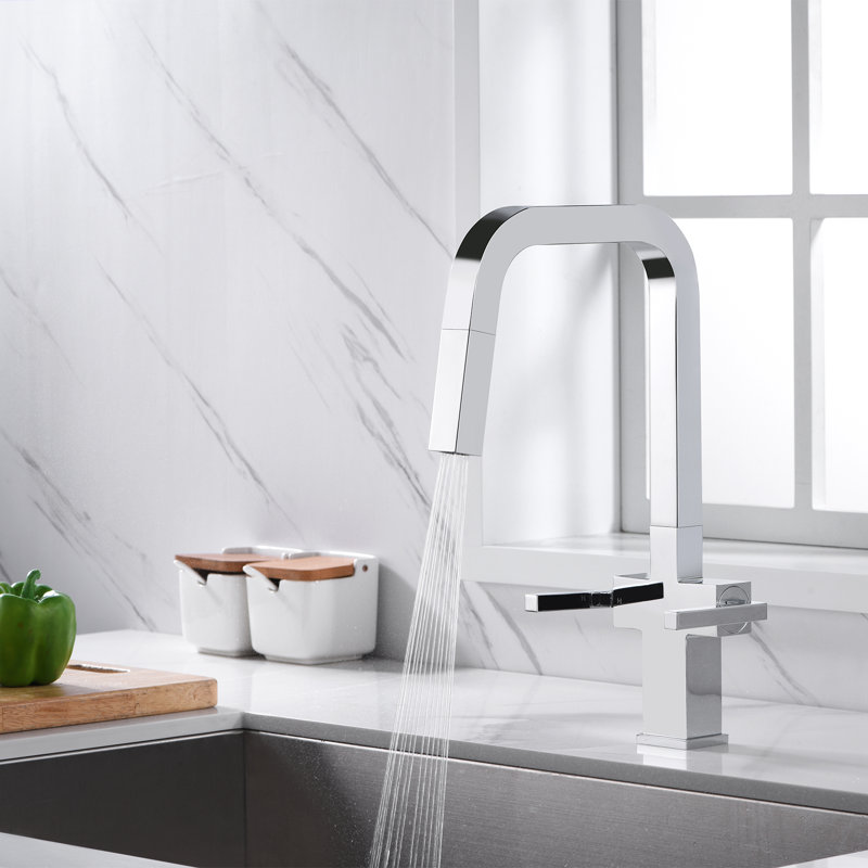 Pull Down Double Handle Kitchen Faucet, Chrome