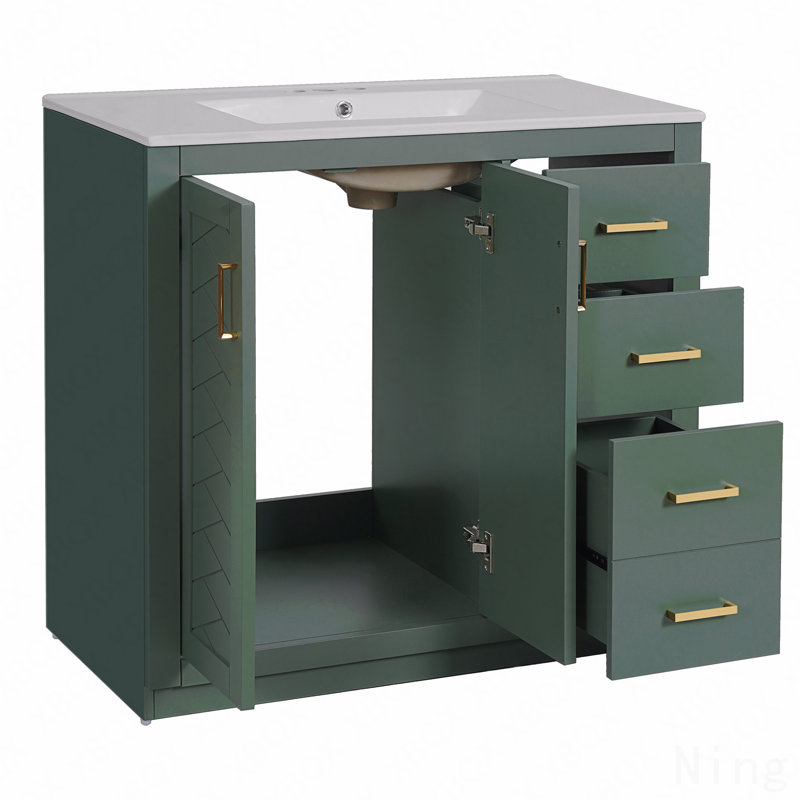 Ensemble de meuble-lavabo de salle de bain avec lavabo en céramique, armoire de rangement à cadre en bois massif, ensemble autoportant, 3 tiroirs + portes à fermeture douce