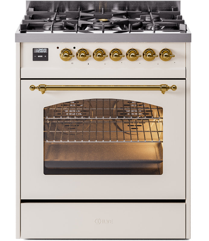 ILVE Nostalgie II Series 30 inch Dual Fuel Range with 5 Sealed Burners (Glass Door), Natural Gas, Antique White/Brass