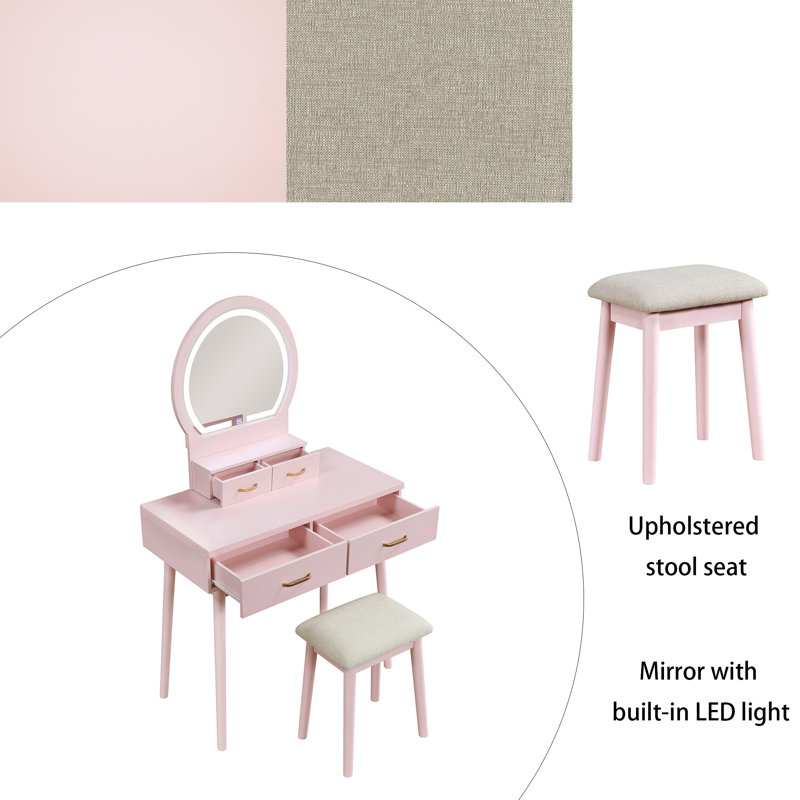Kamila 4-Drawer Modern Makeup Vanity Set · LED Smart-Touch Mirror · Padded Stool, Pink