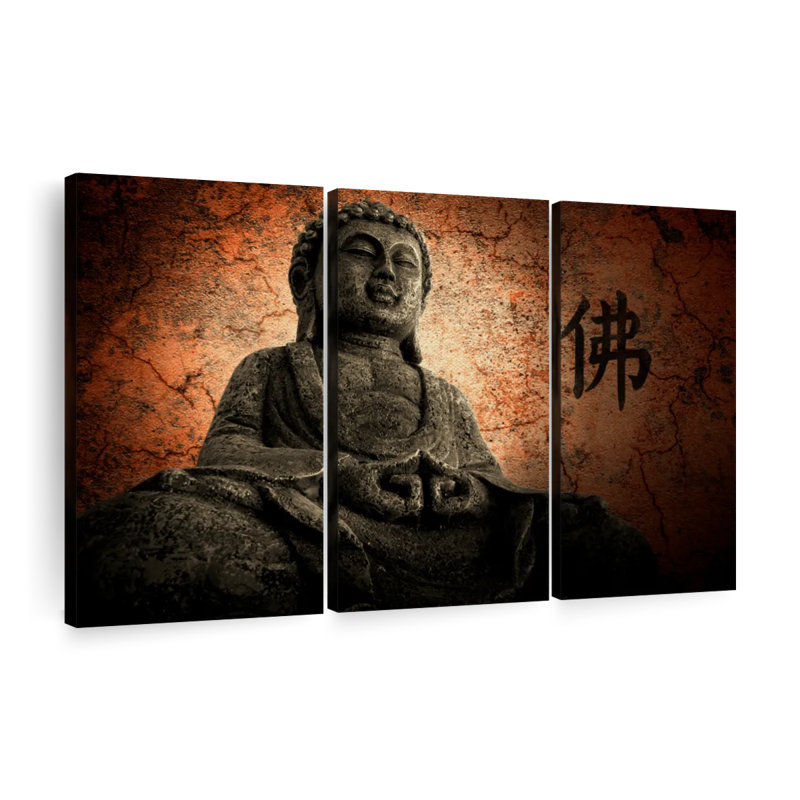 Bouddha grunge sur toile, ensemble de 3 pièces, H 20 po x l 33 po x P 1,25 po