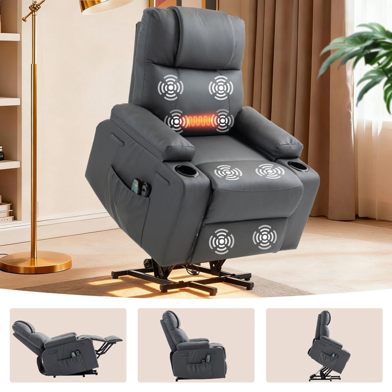 Power Lift Recliner Chair For Elderly With Massage & Heat, Pu Leather Electric Recliner With 160° Adjustable Recline, Gray