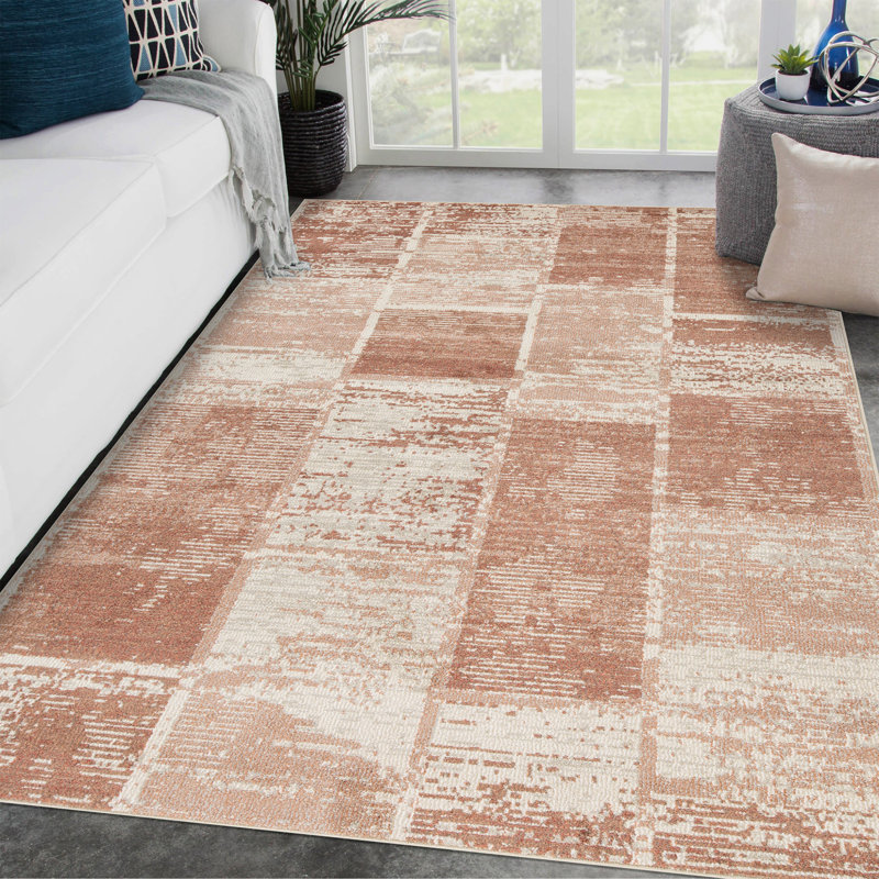 Tapis géométrique tissé à la machine 5 pi x 7 pi sable avec frange