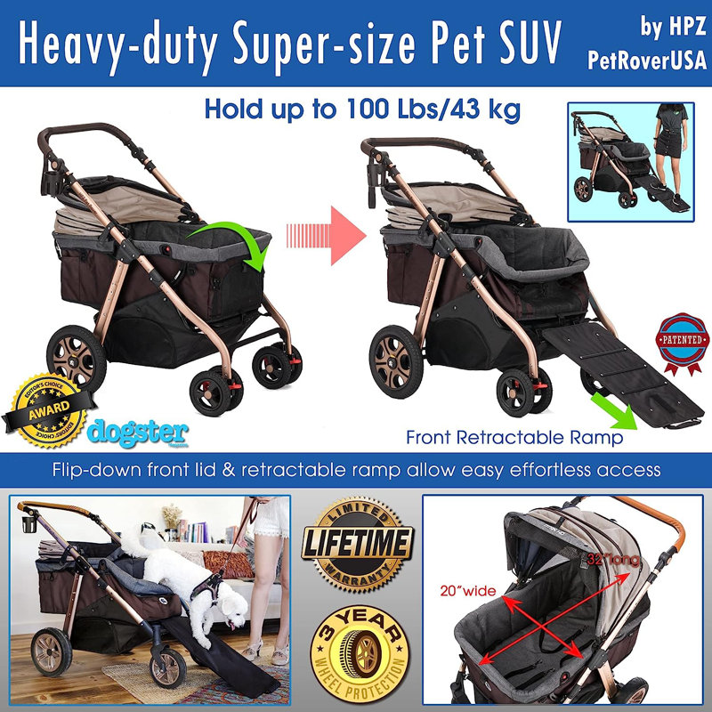 Poussette standard pliable Pet Rover Titan HD, Taupe