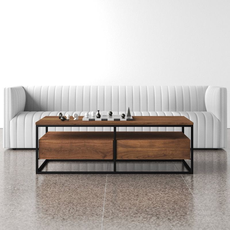 Light Brown Rectangular Solid Wood Coffee Table with Storage