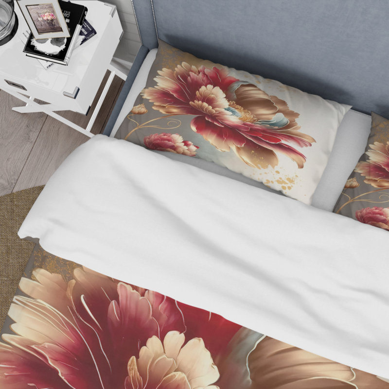 Bold Red Floral Design I - Ensemble de housse de couette floral - Polyester en microfibre