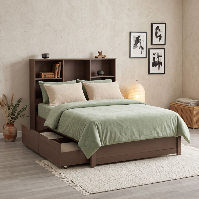 Lit plateforme simple en bois avec 2 tiroirs, tête de lit bibliothèque et port USB, Noyer