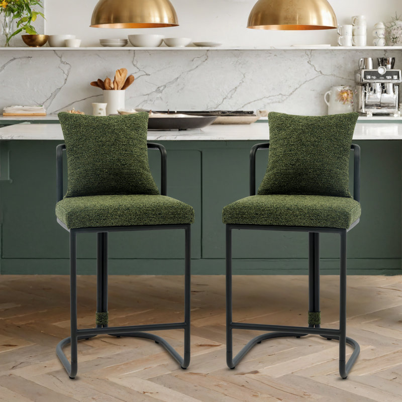Cindina 26'' Chenille Counter Stools With Backrest & Metal Frame, Modern Upholstered Bar Chairs For Kitchen Island, Green