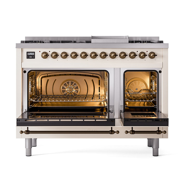 ILVE UN48FNMPEGG Nostalgie II Noblesse 48 inch Dual Fuel Range (8 Sealed Burners + Griddle, Triple Glass Door), Antique White