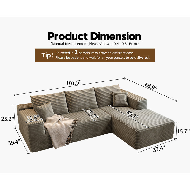 Canapé modulaire 107,5 po Cloud, Orienté à droite, Tissu velours côtelé moelleux Camel