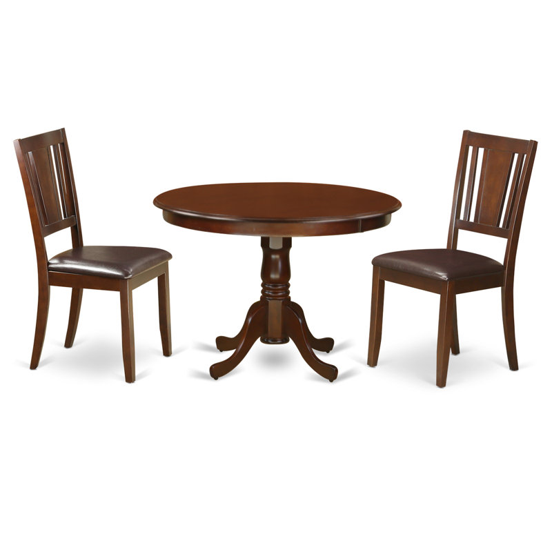 3 Piece Dining Table Set for Small Spaces Contains a Round Dining Room Table with Pedestal and 2 Faux Leather Chairs, Mahogany