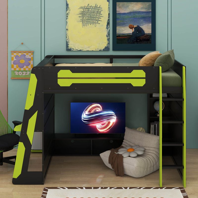 Lit mezzanine double avec bureau, Vert