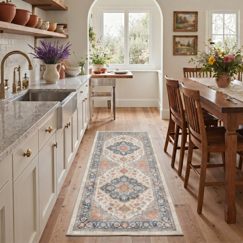 Lumiere Floral Machine Washable Red / Blue / Beige Indoor Area Rug with Non-Slip Backing, Runner 2'3" x 6'
