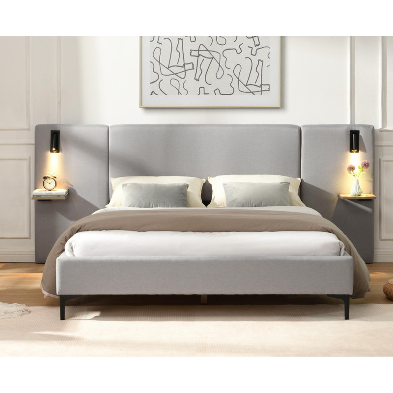 Lumières et tablettes intégrées Bed Grand lit tapissier en lin chic, Grand lit, Gris