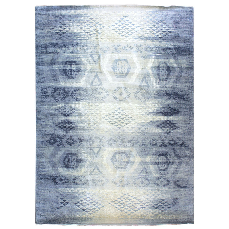 Tapis bleu en laine tissé à la main de conception unique 8 pi 8 po x 12 pi 2 po New Age