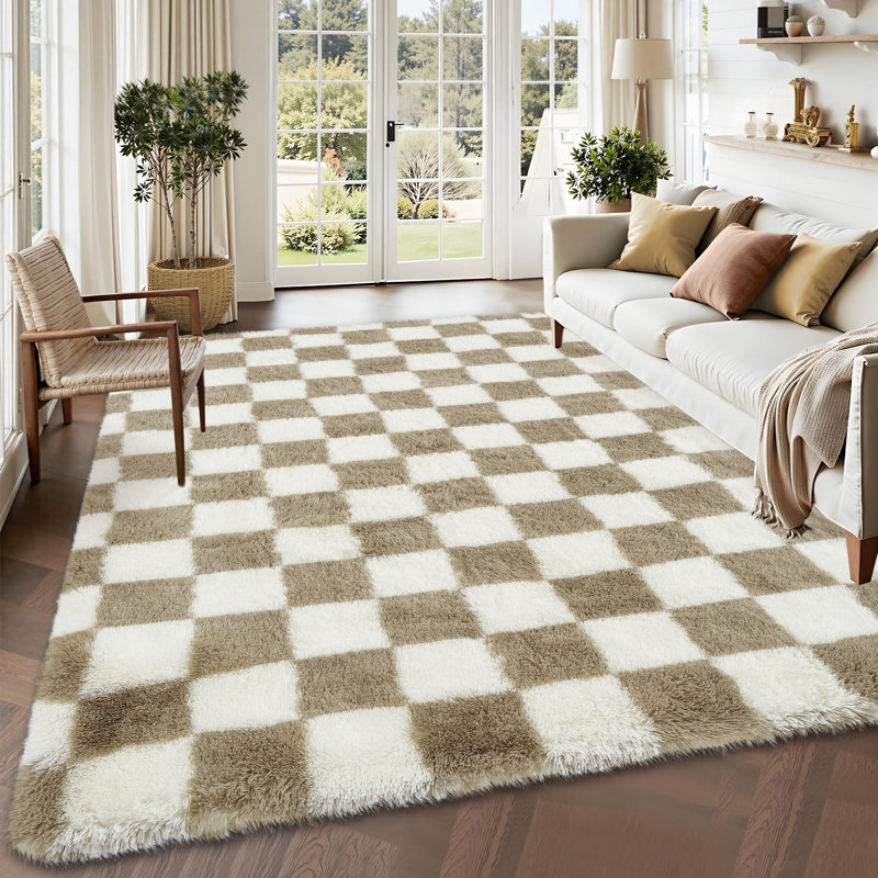 Tapis en damier pour salon, entrée, chambre à coucher, Brown, Rectangulaire 8 pi x 10 pi