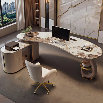 Bureau en pierre frittée en forme de L Modern Light Luxury avec armoire latérale