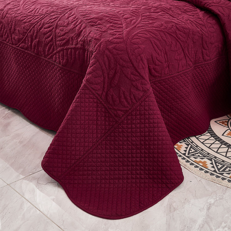 Wine Burgundy Cotton Queen Bedspread Quilt Set