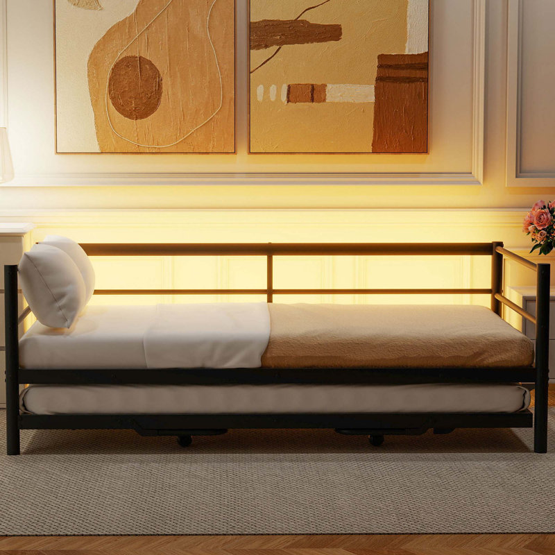 Twin Size Metal Daybed With LED And Adjustable Trundle, Pop Up Trundle, Black